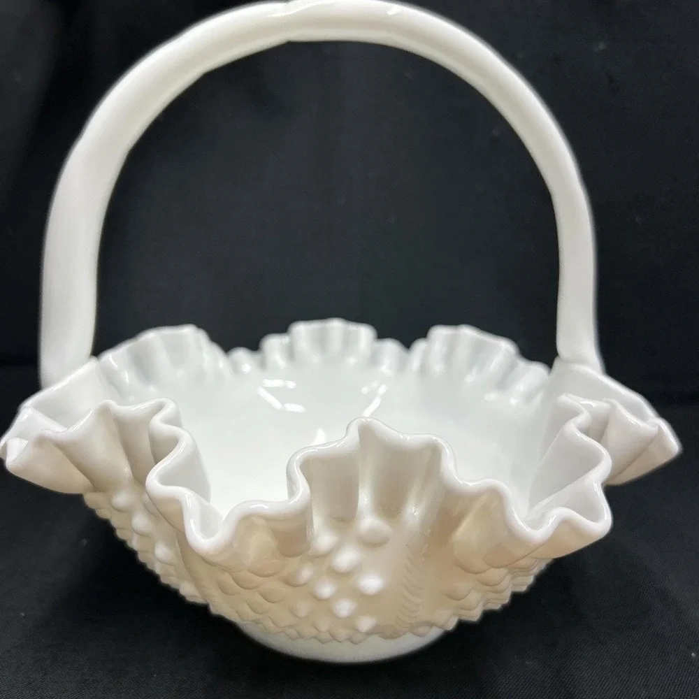 Vintage Fenton Hobnail White Milk Glass Basket with a ruffled edge and handle